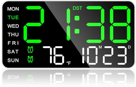 ALEENFOON Digitale Wanduhr,10 Wanduhr Digital mit LED-Anzeige, Datum, Wochentag, Temperatur, Doppelalarm,Einstellbarer Helligkeit und 24/12-Stunden,Digital Uhr für Heim,Büro (Grün)