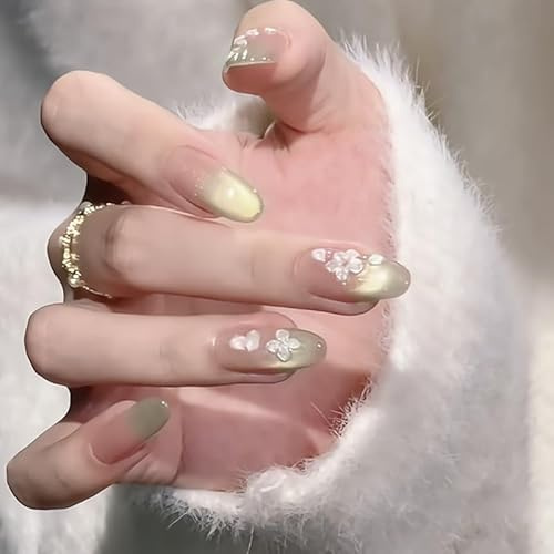 Lot de 30 faux ongles longs ovales à presser - Motif œil de chat - Rose clair - Vert ombré - Fleur blanche - À coller sur les ongles - Accessoires de nail art pour femme