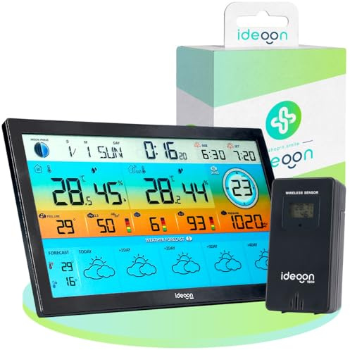 ideoon WLAN Funk Wetterstation mit XXL-Farb-Display – 5 Tage Wettertrend, Thermometer/Hygrometer, Feinstaub & UV-Index, Barometer, Tuya App
