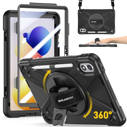 BRAECN Hülle für Xiaomi Redmi Pad 2 Pro/Poco Pad M1-12.1 2025 Schwarz | Robuste Stoßfeste Tragbare Schutzhülle mit Displayschutz, 360° Drehbarer Handgurt/Ständer, Stifthalter, Schultergurt, Schwarz