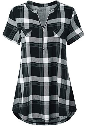 Odosalii Womens Zip Up Plaid Tunic Blouse Rolled Up Sleeve Polo Top Check Shirts (XXX-Large, Black-Short Sleeve)
