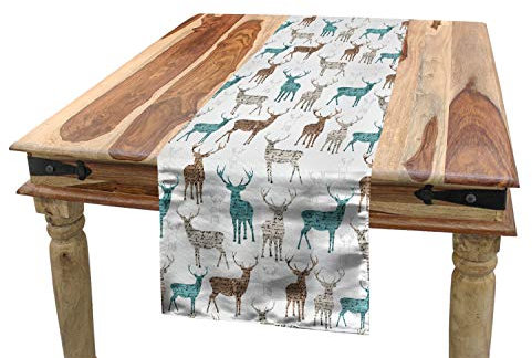 ABAKUHAUS Hirsch Tischläufer, Alt Text Tiere Weihnachten, Esszimmer Küche Rechteckiger Dekorativer Tischläufer, 40 x 300 cm, Türkis Beige Braun