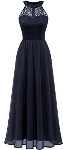 Wedtrend Damen Brautjungfer Kleid Lang Chiffon Abendkleid Party Brautjungfernkleider Neckholder Sommerkleid Marineblau WT0201 Navy S