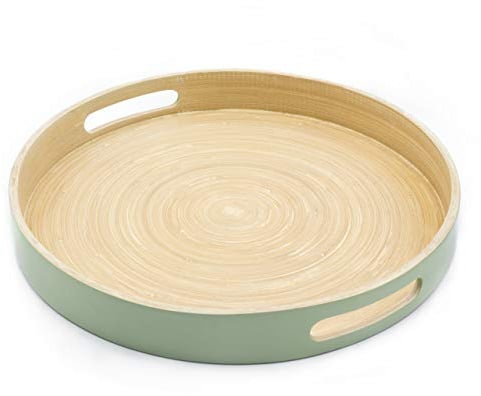 Dehaus® Stylish Wooden Bamboo Tray - Sage Green Large - Luxury Round Wood Lap Trays for Eating Dinner, Tea and Coffee Tray, Bar Drinks or Food Serving Trays with Handles - Eco Friendly