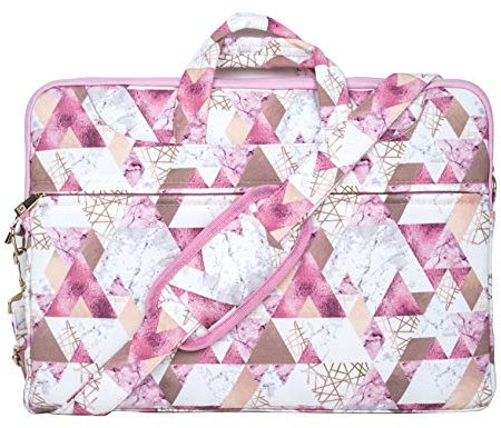 TaylorHe 15.6 Poly Canvas Laptop Bag Macbook Case 15-16 inch Laptop Case Laptop Shoulder Bags with Patterns, Side Pockets Handles and Detachable Strap Pink Rose Gold on Marble