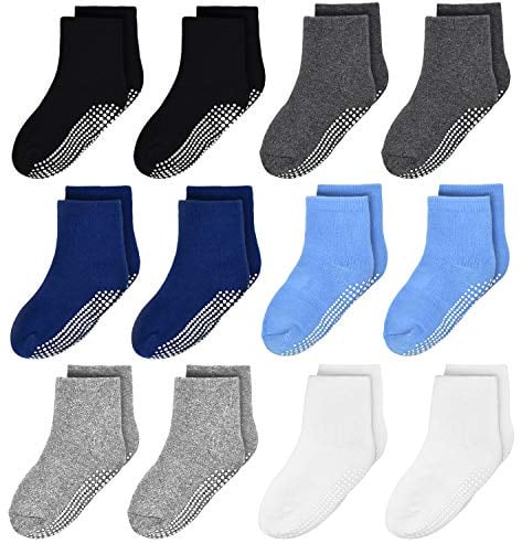 12 Paar Kinder Rutschfeste Einfarbige Socken für Jungen Mädchen 1-10 Jahre | Kinder weiche Baumwolle socken, mit großflächig rutschfester Noppen für sicheres Laufenlernen, geeignet für glatte Böden