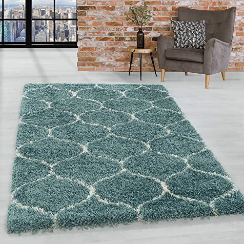 HomebyHome Shaggy Teppich Wohnzimmer 120 x 170 cm - Hochflor Teppich Skandi Design Blau Extra Weich und Flauschig - Bettvorleger Teppich für Schlafzimmer, Küchenläufer - Carpet, Halı, Kilim