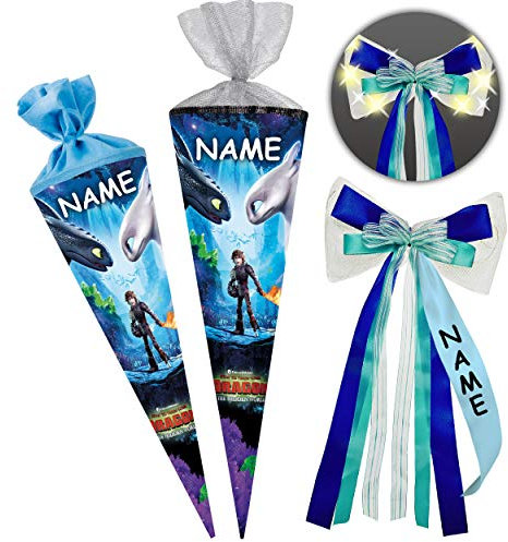 alles-meine.de GmbH Schultüte Größenwahl Dragons - Drachenzähmen leicht gemacht - 100 cm - 12 eckig - incl. Name und individueller großer LED LICHT - Schleife - Tüllabschluß ..