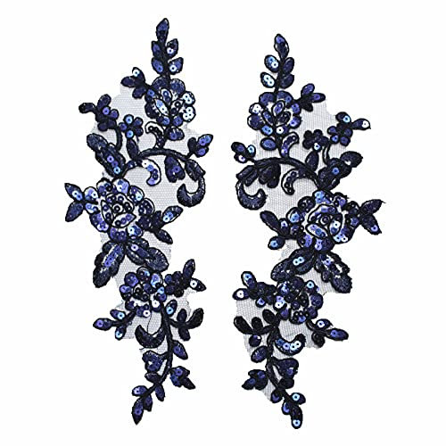 SUNMOVE 1 Paar Stickerei-Pailletten-Spitzenapplikationen, Nähen, Blumenstoff, Kragenaufnäher, Motiv, Hochzeitskleid, Kleid, Brautschmuck, Basteln (Marineblau)