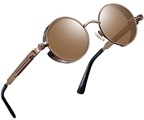 Joopin Polarizzate Occhiali da Sole Uomo Donna Rotondi Metallo Retro Vintage Steampunk Occhiali Unisex (Marrone)