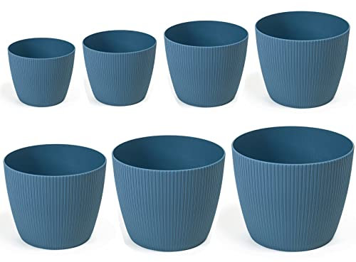 Lot de 7 pots de fleurs ronds avec structure décorative Bleu