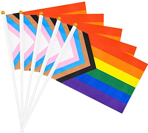 20 Pack Small Progress Pride Flag Stick 5'' x 8'' - Handheld Progress Pride Flags 21 x 14 cm, Mini LGBTQ Rainbow Gay Flag for Outdoor LGBT Parades, Rainbow Party Decorations