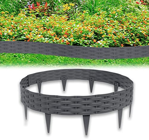 Froadp Rattan Optik Beeteinfassung Rasenkante Set, 100cm Beetumrandungen Kunststoff Rasenkantensteine, Plastik Rasenbegrenzung Beetzaun, Beetabgrenzung Garten Palisaden (5m=5 Stück, Anthrazit)