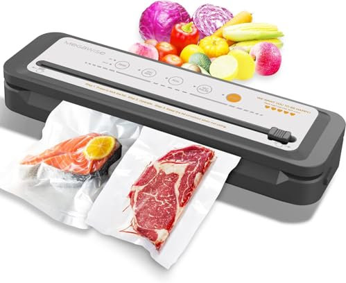MEGAWISE Máquina selladora al vacío, selladora de alimentos portátil de fuerte succión con potencia, bolsas y cortador incluidos con función de vacío externa, ahorro de frescura (plateado)