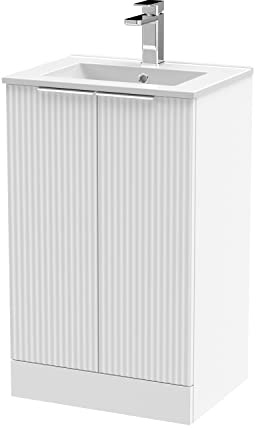 Hudson Reed DFF123B Fluted Modern Bathroom Floor Standing 2 Door Vanity Basin Unit with Minimalist Ceramic Basin, 500mm, Satin White