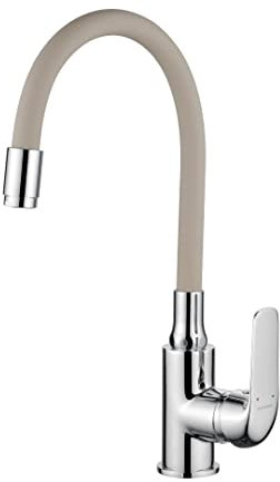 ADGO Elza Spültischarmatur mit flexiblem Auslauf, 35mm Durchmesser, Auslauflänge max 360mm, Auslaufhöhe max 455mm, Küchenarmatur, Einhebelmischer, Keramikkopf (Chrom/Beige)