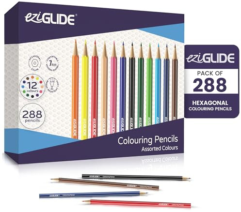 Eziglide Colouring Pencils, Pack of 288 Bulk Classroom Assoreted Pencil Set | 12 Assorted High-Pigment Colours for Adults & Children, Ideal for Colouring Books, Sketching, Colouring & Drawing