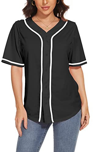 Damen Baseball Trikots Blank Button Down V-Ausschnitt Softball Team Uniform Mode Einfach Weit Streifen Kurzarm, Schwarz, 3X-Groß