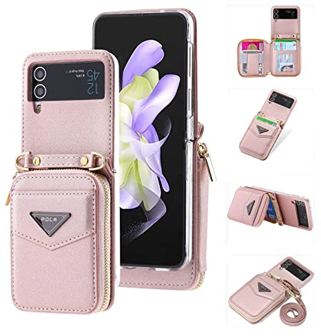 Jeelar ESONG LederHülle für Samsung Galaxy Z Flip 3 Tasche,Reißverschluss Brieftasche Schutzhülle mit Band/Kartenfäche/ständer,Z Flip 3 Wallet Cover Case Stoßfeste Handyhülle für Frau/Damen-Rosa