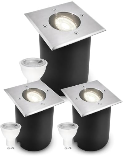 SSC-LUXon JUAVI Bodeneinbaustrahler 3x eckig IP67 GU10 dimmbar neutralweiß | Drei dimmbare Bodenspots eckig IP67 für Garten & Terrasse - neutralweiß, schwenkbar, befahrbar, inkl. GU10 LED & Wechselglas