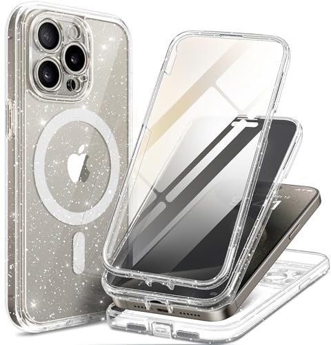 TIESZEN Magnetic for iPhone 15 Pro Max Case, Compatible with MagSafe, Built-in Privacy Screen Protector and Camera Protection, Anti Spy Full Body Dustproof Shockproof Hard Phone Case 6.7, Shiny Clear