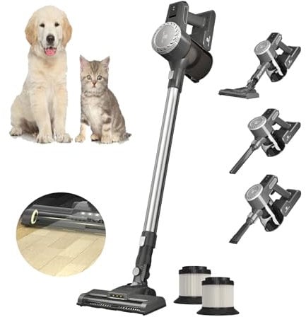 Cordless Vacuum Cleaner Carpet with 5 Stage HEPA Filter, Led Lights Handheld Upright Stick Vacuum, Electric Brush and 0.4L Dust Cup for Hardwood Floor Carpet Car Pet Hair, Grey