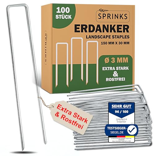 SPRINKS® Erdanker Heringe aus verstärktem Stahl [100 Stück] – Extra stabile Anti-Rost Bodenanker verzinkt für Unkrautvlies, Gartenvlies, Trampolin, Zaun, Zelte – Erdnägel 15 cm Lang, 3 cm Breit, Ø3mm