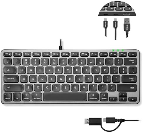 Macally Wired Keyboard for Mac with USB Hub (2X USBC / 1x USBA) - Compatible Small Apple Key Board with 2 in 1 USB Plug - for MacBook Pro/Air, Mac mini, iMac