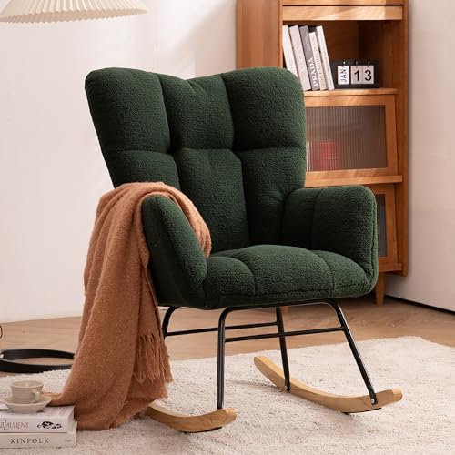 DEKKETO Schaukelstühle Teddystoff, Gemütlicher Teddy Sessel Zum Stillen, Relaxstuhl Stillsessel Schaukelstuhl Holz für Wohnzimmer Schlafzimmer, Bequeme Lesesessel für Kinderzimmer, Grün