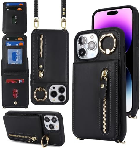 Zouzt for iPhone 14 Pro Max Case with Card Holder and Strap, Wallet Case with 7 Card Slot PU Leather Zipper Crossbody Lanyard with Adjustable Necklace Ring Cover 6.7 - Black