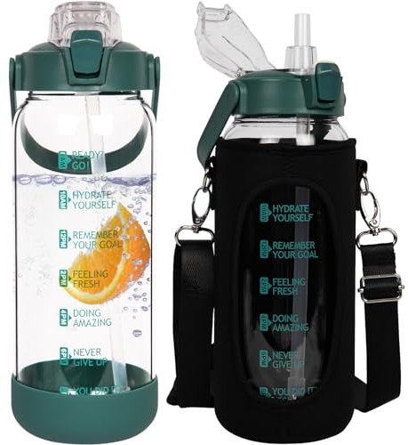 Seekua 1.5 litre Sport Gourde d'eau Avec Paille et Temps Motivation Marqueur, 1.5l Grande Bouteille d'eau Verre Avec Sans BPA Pour le Gym Bureau Fitness Camping