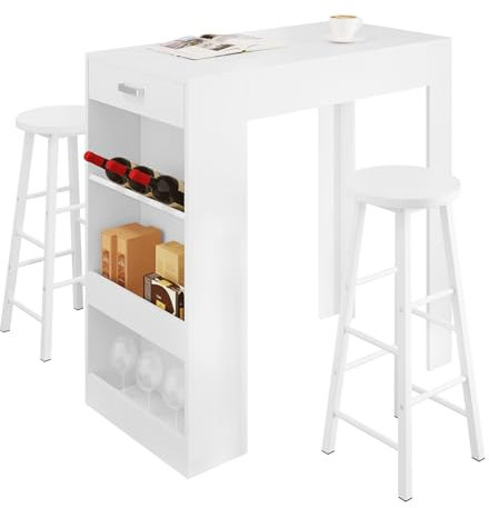 WOLTU Essgruppe, Esszimmergruppe, Bartisch mit barhocker Set, Stehtisch Set mit Weinregal, Küchentisch mit 1 Schublade, Bistrotisch für Küche Esszimmer Bistro, Weiß