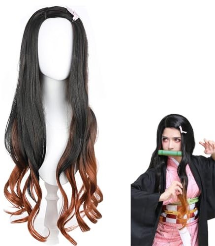 MEZHEN Perücke Schwarz Perücke Lange Haare Perücke Anime Perücke für Nezuko Perücke Frauen Weihnachten Halloween Konzert Cosplay Karneval Geburtstagsparty