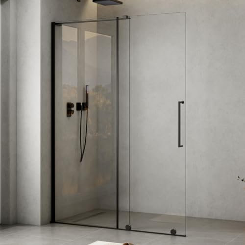 WITEN&NOCK Duschtür 140x195cm Walk In Duschwand Dusche Duschabtrennung Schiebetür Duschkabine aus 8 mm ESG Klarglas mit Nano Beschichtung schwarz matt