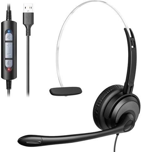 Voistek USB Mono Headset with Microphone, Wired Type-C Single Ear Conference Headphones with In-line Control,Noise Cancelling Mic for Laptop,VoIP, Call Center, Online Classes, Teams, Zoom, Skype