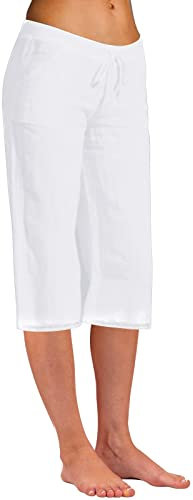 Ladies Summer Three Quarter Capri Cropped 3/4 Pants Wide Leg Loose Fit Stretch High Waisted Pants Cotton Linen Casual Comfort Yoga Running Jogger Trousers Work Trousers Lightweight Beach (White, XL)
