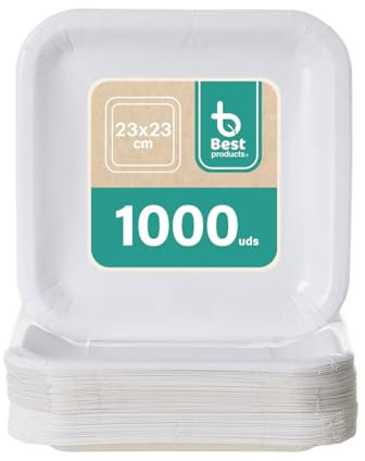 BEST PRODUCTS 1000 Platos Desechables | Cartón Ecológicos Biodegradables Compostables y Reciclables | Para Fiestas Cumpleaños Comuniones o Eventos | Cuadrados Llanos 23x23cm