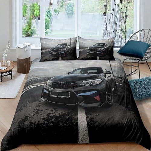 Sportwagen Bettwäsche-Sets,Microfaser Bettwäsche 155X220 + 80X80 Kissenbezug,Schwarzes Auto 3D Bettbezug Mit Reißverschluss Sommer Winter Für Kinder,Single Bed,A30