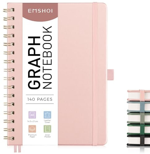 EMSHOI A5 Graph Paper Notebook, Spiral Notepad, 100gsm, PU Leather Hardback, Sticky Notes, Pocket, Pen Loop, Ruler, Bookmark, 140 Pages Squared Journal for Women Men Writing, 14.5 x 21cm, Rose Gold