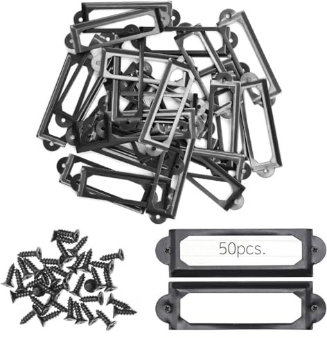 Ruidee 50 Stück Metall Etikettenrahmen Vintage 60x17mm Etiketten Kartenrahmenhalter Möbel Schublade Label Halter mit Schrauben Namensschild Etikettenrahmen für Büro Bibliothek (60x17mm/Black)