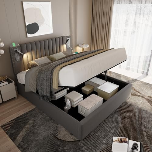 Lcoho Polsterbett 180x200,Doppelbett Stauraum Bettkasten,Leselicht mit USB Ladefunktion Kopfteil,Rückenlehne mit Nietendesign,Bett mit Lattenrost und Bettkasten, Baumwolle (Ohne Matratze)