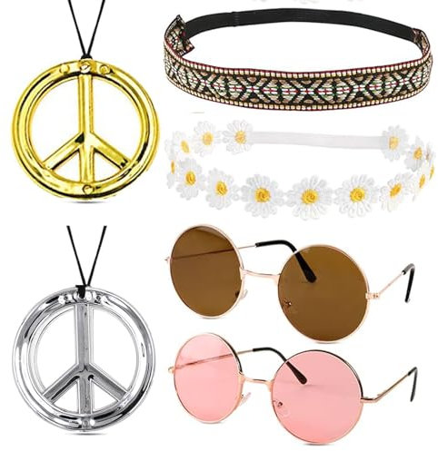 PVFZXS 6 Stück Hippie Accessoires, Hippie Kleidung Damen, 2x Hippie Brillen, 2x Peace Ketten, 2x Haarband - Hippie Kostüm Accessoires Für 60er, 70er Jahre Outfit Damen Und Herren, Ostergeschenke