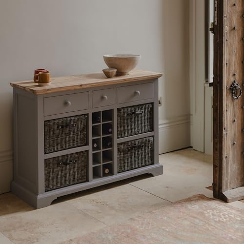 Florence Sideboard with 3 Drawers, 4 Storage Baskets, Wine Rack | W120 H85 D42 cm | Acacia Wood Top, Fully Assembled Kitchen Dining Furniture (dove grey)