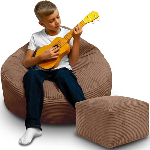 DreamRoots Sitzsack Erwachsene Cord oder Kinder - Bean Bag Sofa - Sitzsack Cord mit Hocker und Bezug - Sitzsäcke mit Füllung 70x70x70 cm Brown Bear