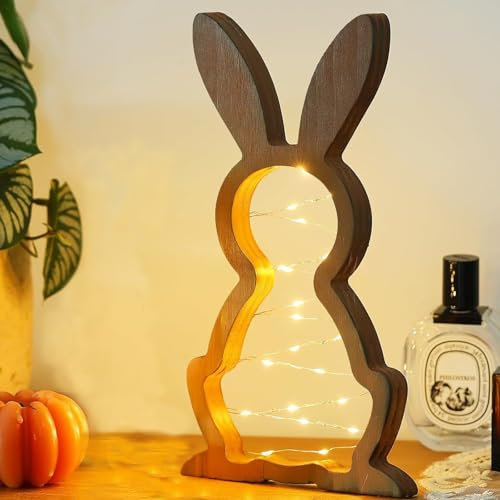 LED Osterhase Holz, Modern Osterdeko aus Holz, Dekorativer Holz Osterhase zum Hinstellen mit Lichterkette Osterbeleuchtung Dekohase Lampe Oster Deko Garten Draußen Innen Osterdeko Tisch (21x11.5cm)