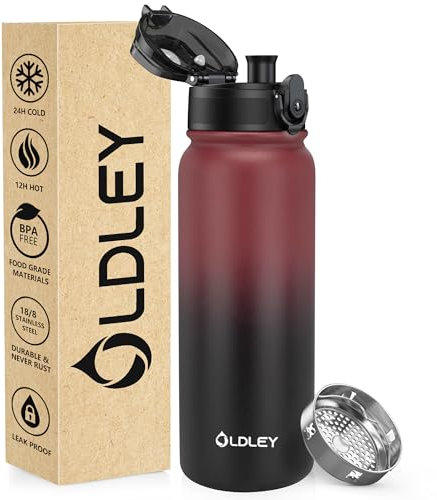 OLDLEY 600ml/20oz Stainless Steel Water Bottle Double Walled Vacuum Flask Keep Drink Hot and Cold Leakproof BPA Free 600ML Metal Insulated Water Bottle for Sport School Work Outdoor Hiking (Red-Black)