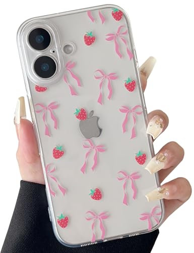 ZTOFERA Clear Case for iPhone 16 Plus, Cute Strawberry & Ribbon Bowknot Pattern Design Aesthetic Transparent Phone Case Soft Flexible TPU Shockproof Protective Cover for Women Girls - Rosy Ribbon
