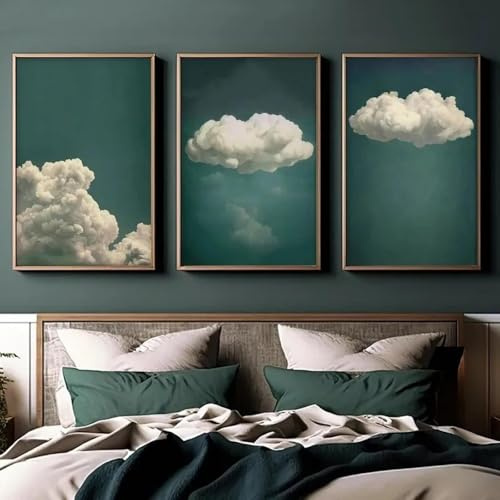 CHAOJIART 3-teiliges Set mit smaragdgrünen Wolkenplakaten und -drucken, Vintage-Wolken-Leinwandgemälden, Wandkunst, Bild für die Dekoration des Wohnzimmers, 50 x 70 cm (20 x 28 Zoll) x3, rahmenlos