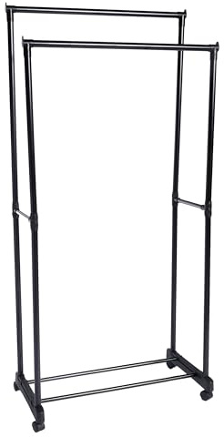 DUPI Burro ropa doble EASY con ruedas y estanterias, Frenos, Armario abierto, Organizador zapatos, Vestidor, Burros percheros (Negro, 74,5 x 41,5 x 157)