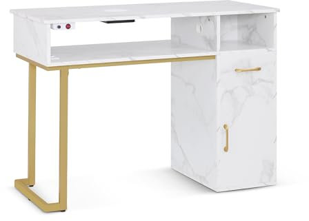 Barberpub Manikürtisch mit Schublade & Schrank, Nageltisch mit Absaugung, 3 Steckdosen, 2 Staubsaugerbeuteln, Nagelfrisiertisch Holz, Schreibtisch für Nagelstudio, Marmor-Weiß Gold, 50x110x82cm, 2491